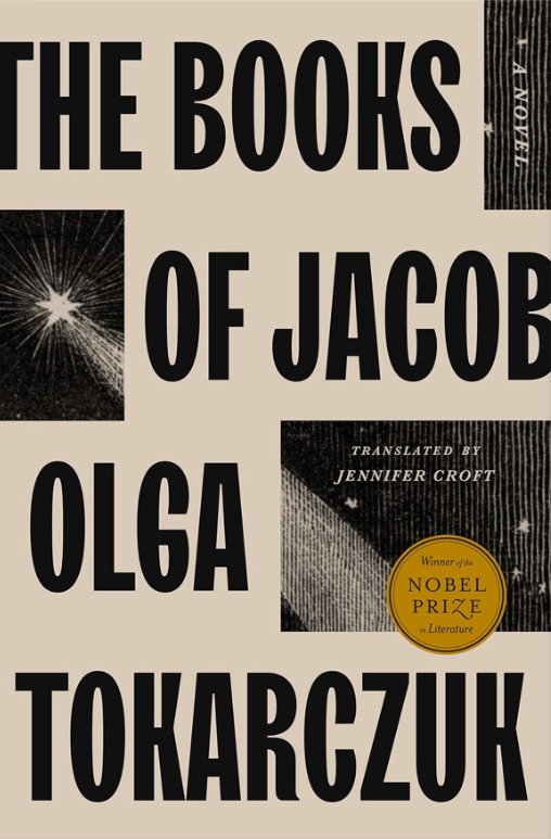 Okładka O. Tokarczuk, „The Books of Jacob”. Beżowa, z elementami graficznymi, które przestawiają gwiazdy. Tytuł i autorkę wyróżniono dużym stopniem pisma.