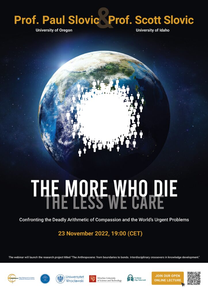Plakat Webinarium The more who die, the less we care: tytuły profesorów prowadzących, planeta z białą plamą na tle kosmosu.
